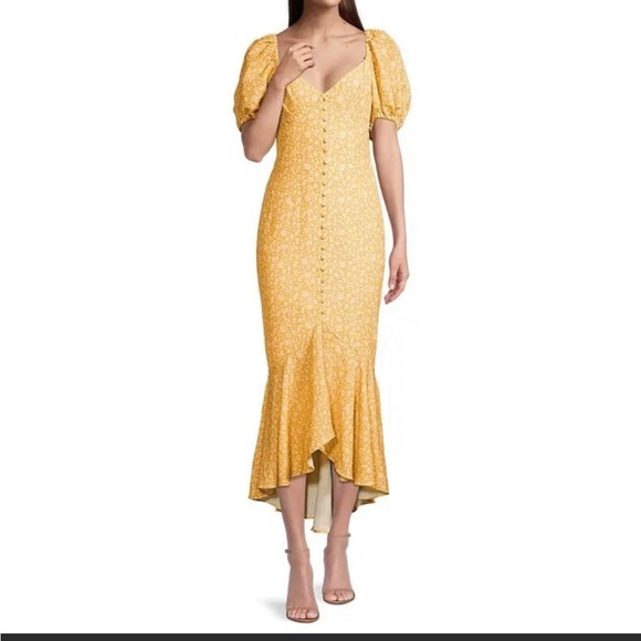 significant other Dresses & Skirts - Significant Other Jacinta Floral Midi Dress Size 6 Champagne Yellow Linen Blend